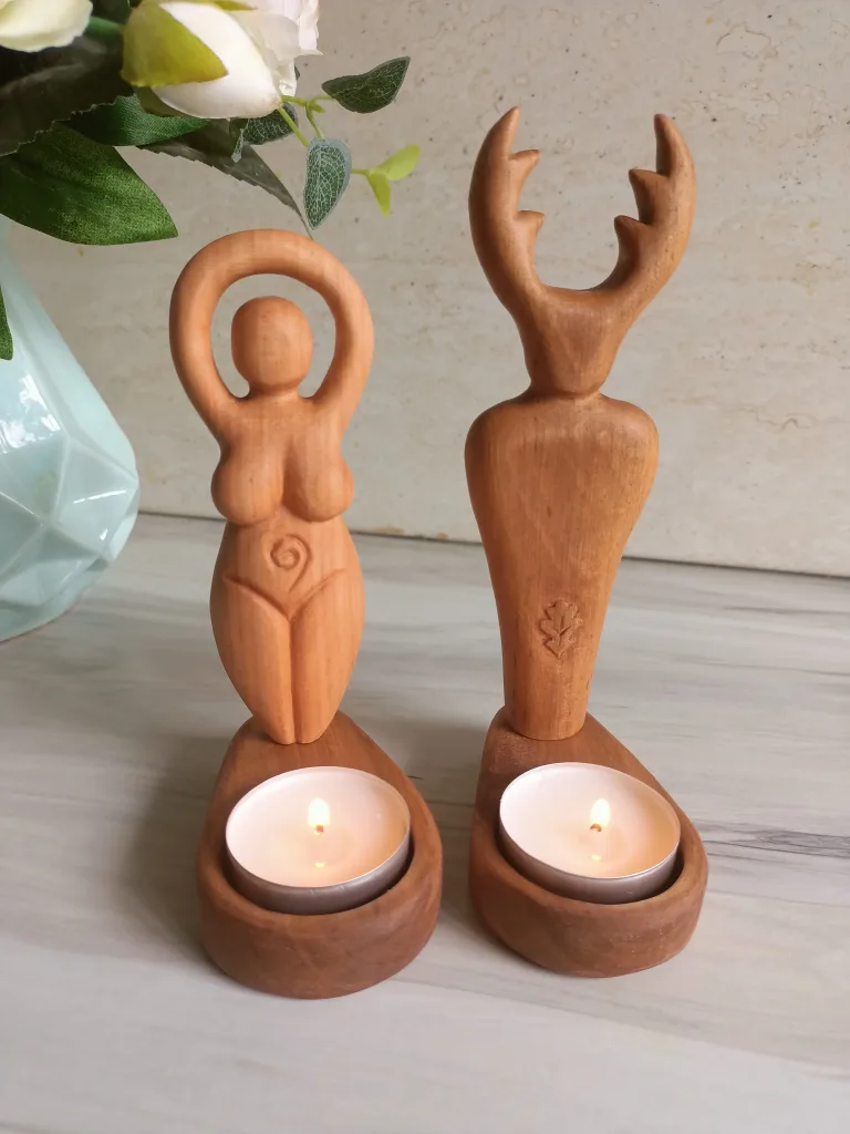 Beige Mother goddess and Cernunnos candle holders