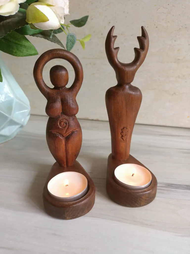 Brown Mother goddess and Cernunnos candle holders